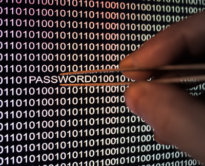 An image of hands using tweezers to grab the word password hidden within a series of zeros and ones depicts the concept of hackers stealing credentials from an entity.